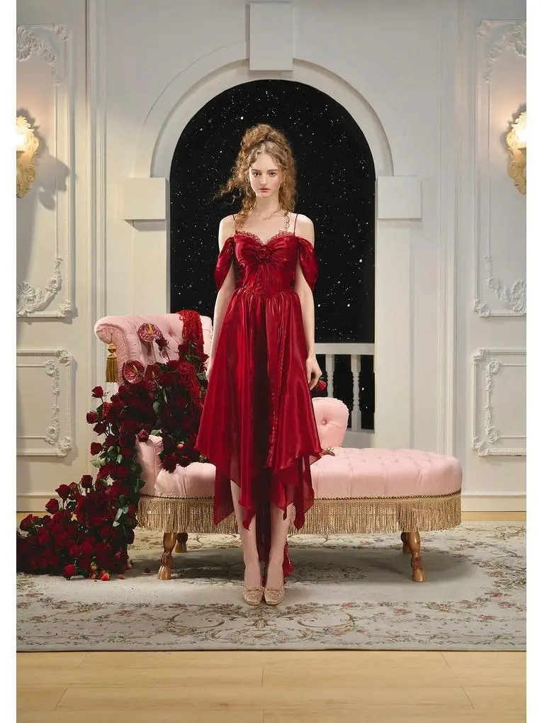 Love In The Galaxy Dress-LaceMade Official Authentic Bordeaux Red Shiny Satin Fabric with Metal Fish Scale Bone Support & Detachable Sleeves - Casual, Womenswear SwimWeek