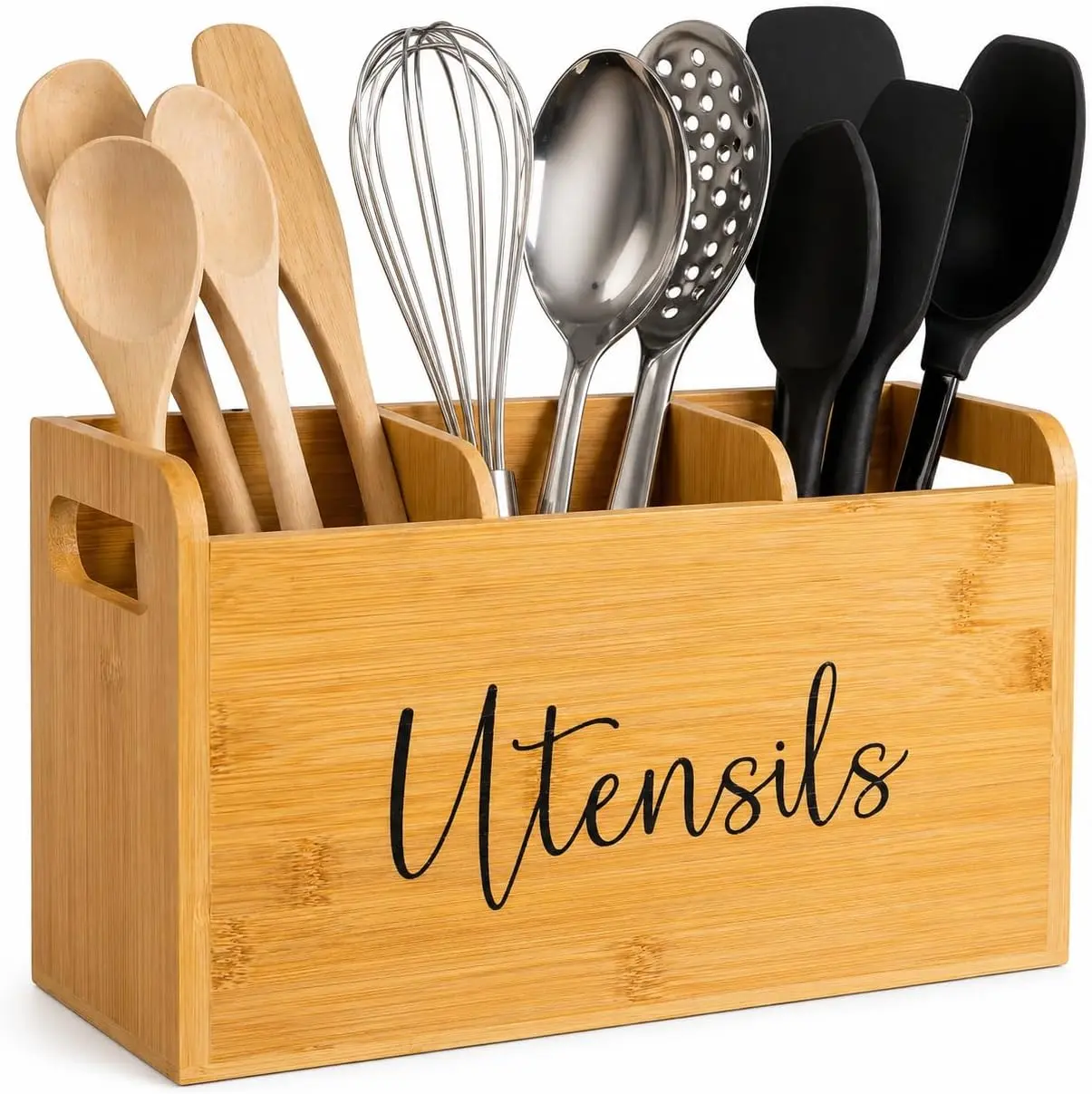 Wooden Kitchen Utensil Holder for Counter, Large Bamboo Utensil Caddy with 4 Compartments, Farmhouse Cooking Utensil Organizer for Spoons, Spatulas & Kitchen Tools