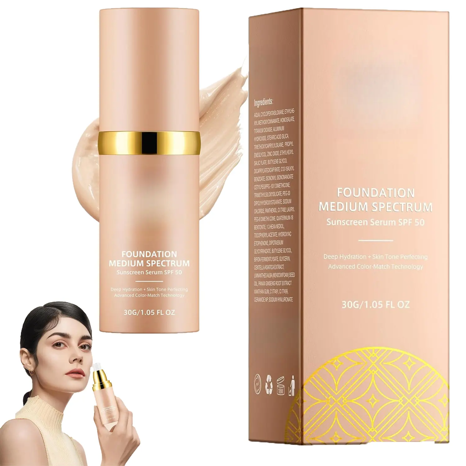4-in-1 Color Changing Foundation Liquid, SPF50+ High UV Protection, Waterproof Long Lasting Medium Coverage Foundation, Hydrating Light Spectrum Flawless Makeup for Gym, Sports and Dancing
