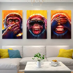 3-piece set of humorous long-armed gorilla canvas prints in wooden frame - Fashionable gold ring (8) poster set for home decoration and accessories