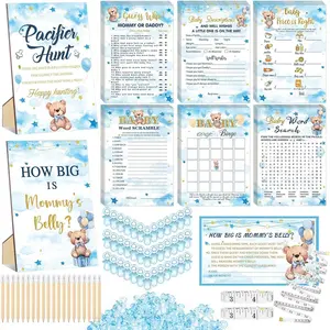 424 count Blue Bear  Shower  Supplies, 6 Sets 300 Activities Cards 1 Pacifier Hunt Sign 50  Pacifiers 1 How Big Is Mommy's  Sign 50 Guessing Card 2 Tapes 20 Pencils