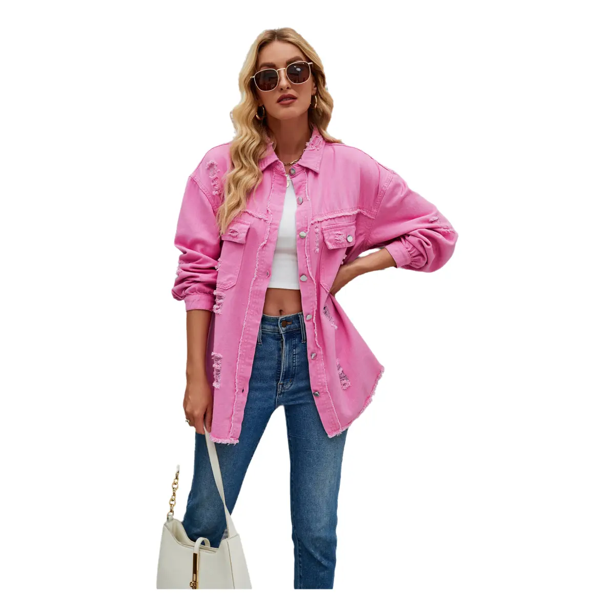 Women's Casual Denim Jacket, Collared Long-Sleeve, Loose-Fit, Ripped Fringe Outerwear Coat