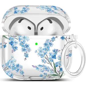 Clear Floral Case Cover for AirPods 4th with Keychain for Women Girls Earphone Protective Cover