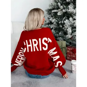 Christmas-Style Loose Batwing-Sleeve Sweater with Letter Embroidery — Festive, Warm, Comfortable Details, for Young Women’s Christmas Parties