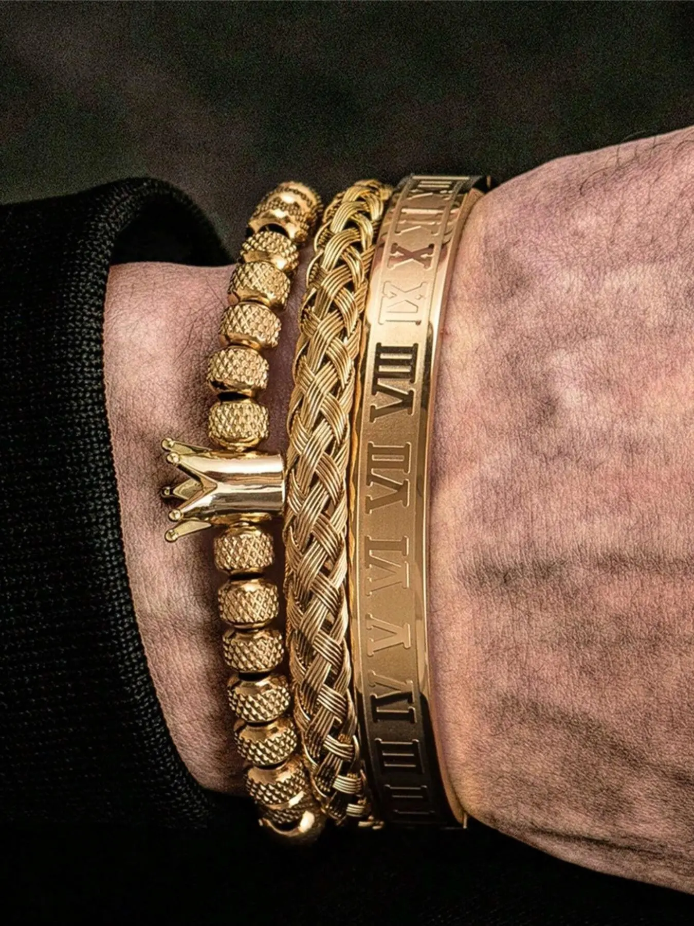 Men's 3-Piece Stainless Steel Stylish Bracelet Set, Roman Numerals & Crown Design, Fashionable Bangles, Casual All-Season Jewelry, Stackable Bracelets Accessories, Perfect Gift for Friends