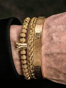 3 Piece Set Men's Stainless Steel Bracelets, Roman Numerals & Crown Design, Casual All-Season Jewelry, Perfect Gift for Friends