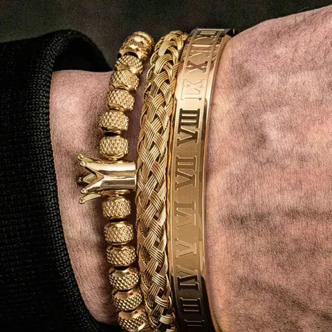 Men's 3-Piece Stainless Steel Stylish Cool Bracelet Set, Roman Numerals & Crown Design, Fashionable Bangles, Casual All-Season Jewelry, Stackable Bracelets Accessories, Perfect Gift for Friends, Jewellery
