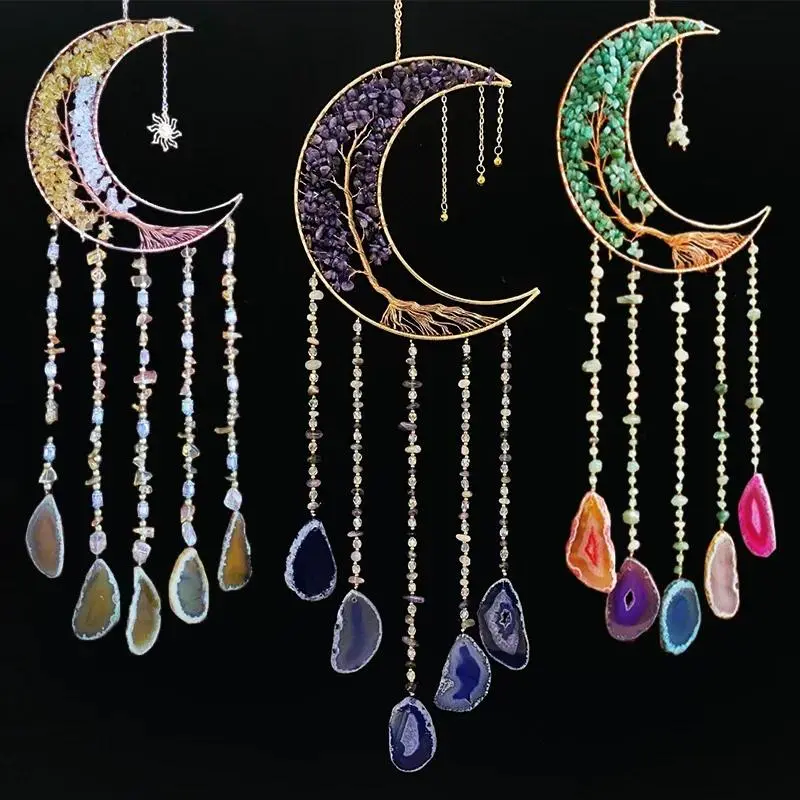 7 Chakra Color Natural Agate Gemstone Moon Gem Dream Catcher - Modern Sleep Aid Good Night Decor, Hangable Indoor Ornaments for Bedroom, Living Room Wall & Garden, Decorative