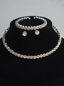 Elegant Round Rhinestone Fashionable Jewelry Set, Includes Earrings Bracelet Necklace, Perfect for Women, Bridal Wedding Party Accessories