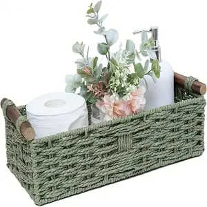 Wicker Glam Round Paper Rope Storage Basket with Handle, Multipurpose Countertop Organizer, Small Bathroom Shelf Basket, Home Organizer