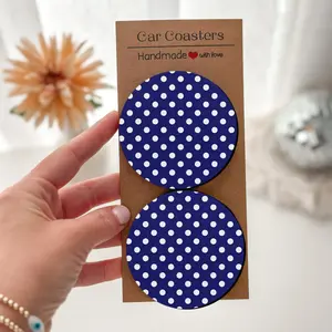 Cute Office Desk Accessories [2/4 Pack] Absorbent Fabric Desk Coasters Navy Polka Dot Anti-Slip Drink Coaster WFH Gifts for Women