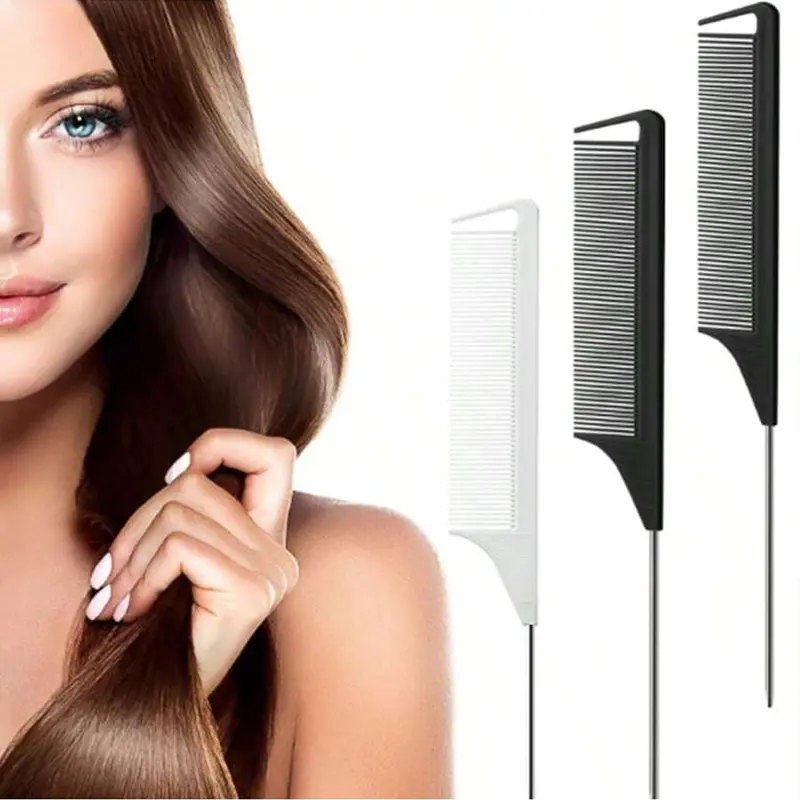 2Pcs Carbon Fiber Rat Tail Comb Set, Metal Steel Pin Tail Comb, Heat Resistant Anti-Static Hair Comb for Hair Styling, Parting, Braiding, Salon Hairdressing