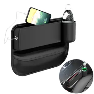 2 Pack Car Seat Gap Filler Organizer, PU Leather Seat Gap Storage Box Organizer with Cup Holders for Drink Fill The Gap Between Car Front Seat & Console Accessories, For Phone Keys Coins Cards Wallets Water Sunglasses (Driver's & Passenger's Seat Side)