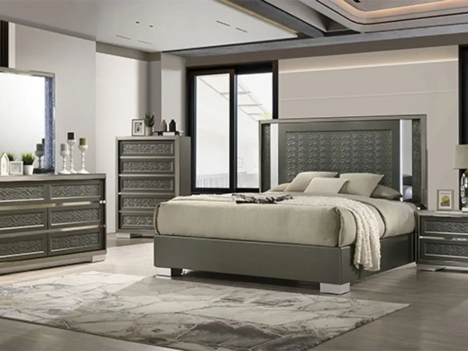 FM7252DG-4PC 4 pc Leyland dark grey finish wood LED and mirrored headboard queen bedroom set