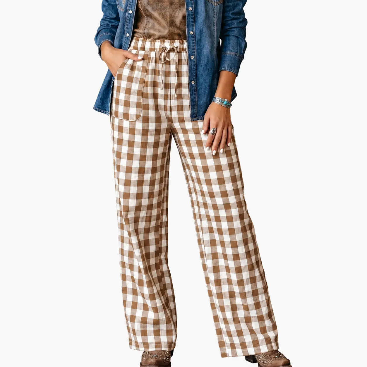 Women's Brown Gingham Plaid Pants Elastic Waist Tie Front Wide Leg Casual Pants Relaxed Fit Pull On Trousers with Pockets