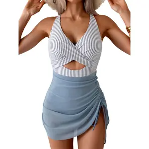 Women Mesh One Piece Swimdress Swimsuit Tummy Control V Neck Cutout Bathing Suit Wrap Drawstring Sarong Swimwear