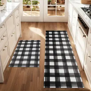 2Pcs Black And White Checkered Christmas Floor Mat Set Farmhouse Dining Room Flooring Laundry Room Decor Carpet Mat Kitchen Area Rug