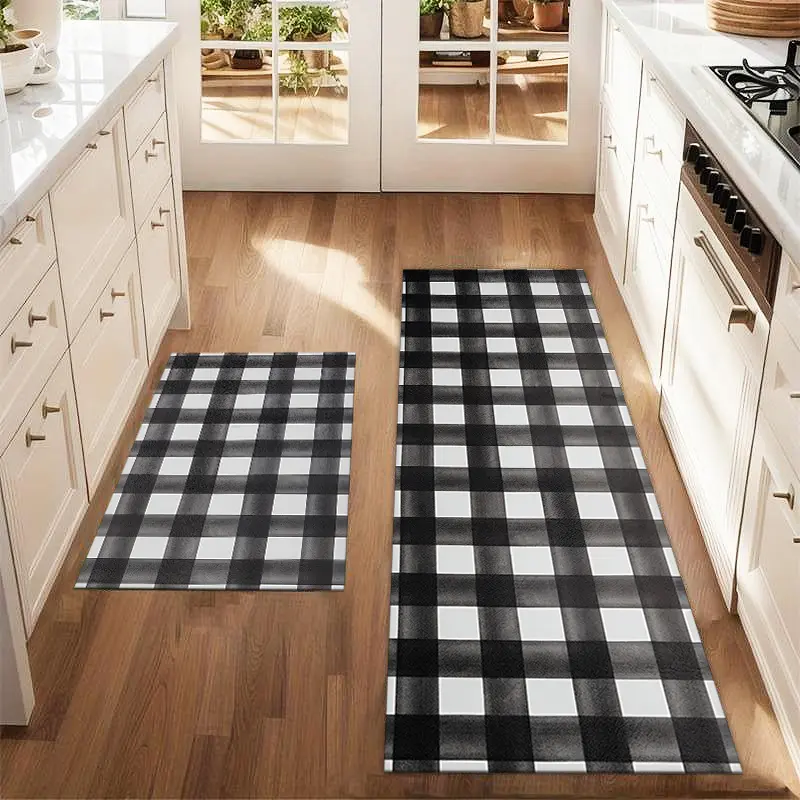 2Pcs Black And White Checkered Christmas Floor Mat Set Farmhouse Dining Room Flooring Laundry Room Decor Carpet Mat Kitchen Area Rug Decorative Rug Home Decor Rugs