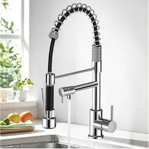 Modern High Arc Single Handle Kitchen Faucet, Stainless Steel Tap, Pull Down Spray Head, Commercial Brass Material, 360 Degree Extensible Nozzle, Polished Chrome Finish
