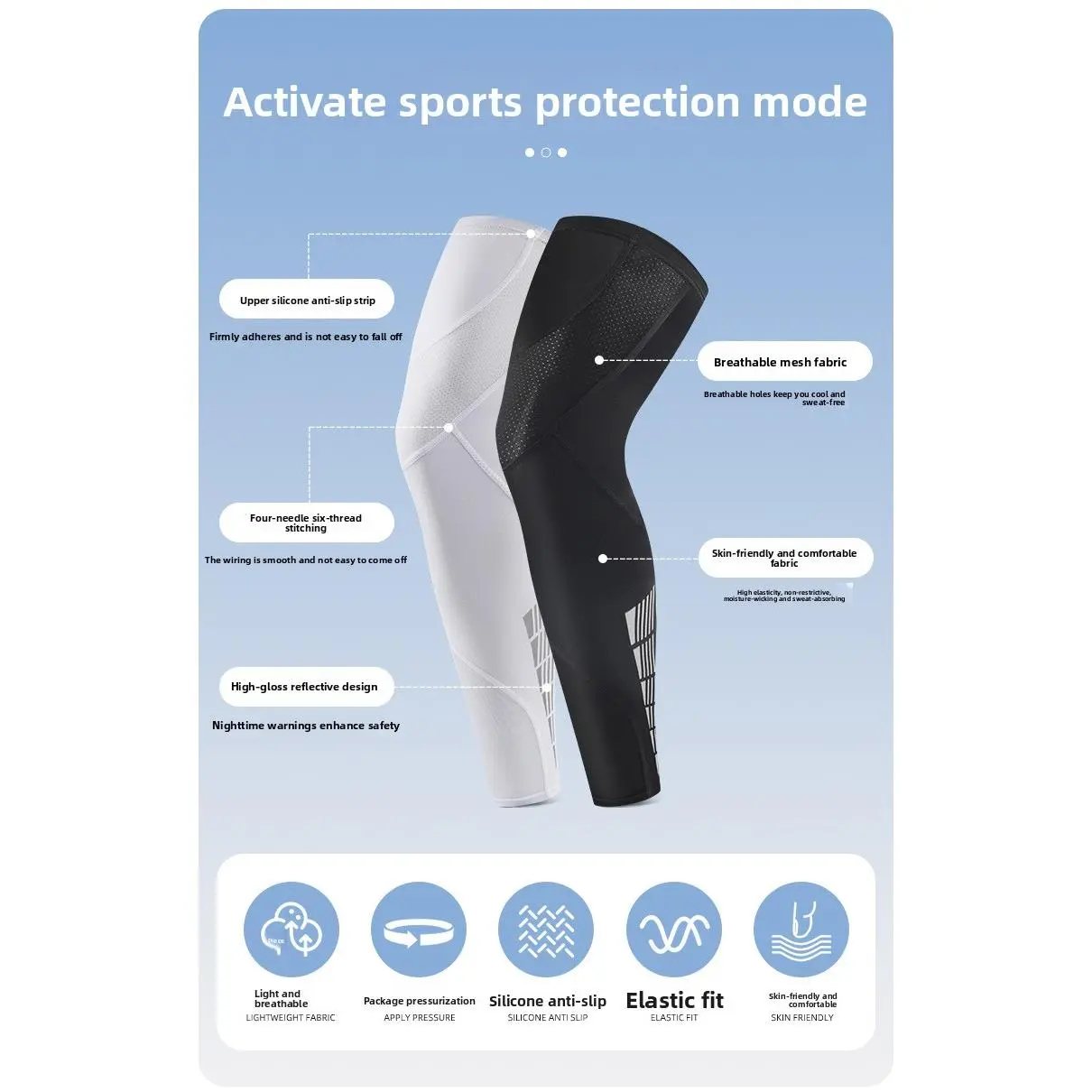 Unisex Compression Leg Sleeves, Lightweight Fabric with Silicone Anti-Slip Grips to Prevent Slipping, Visible in Low Light, French Terry, Reflective, Breathable Fabric, Prevents Slipping