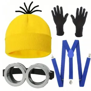 Despicable Me Hat Knitted Cap, Cosplay Costume Accessories, Fully Coated Eye Protection Glasses, Gloves & Lace Skirt Set
