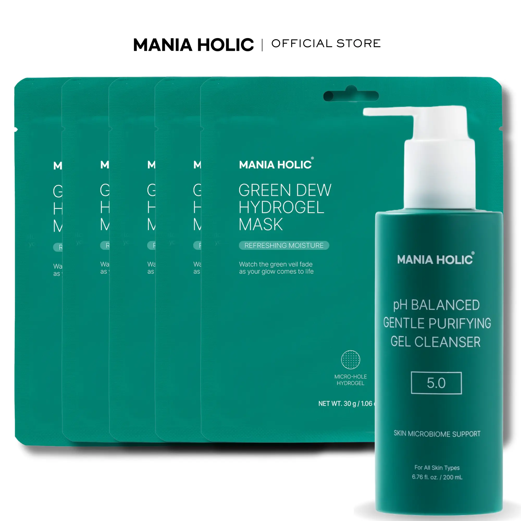 MANIA HOLIC ph-Balanced Gel Cleanser and Green Dew Hydrogel Mask Bundle, Hydrating Korean Cleanser and Moisturizing Mask Set