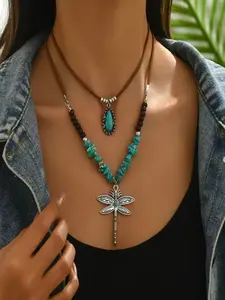 Bohemian Style Women's Pendant Necklaces, Irregular Stone & Wooden Bead Chains, Dragonfly Accessories, PU Leather, Casual
