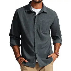 Men's Button Down Shirt Texture Wrinkle Free Shirts Long Sleeve Waffle Untucked Shirt