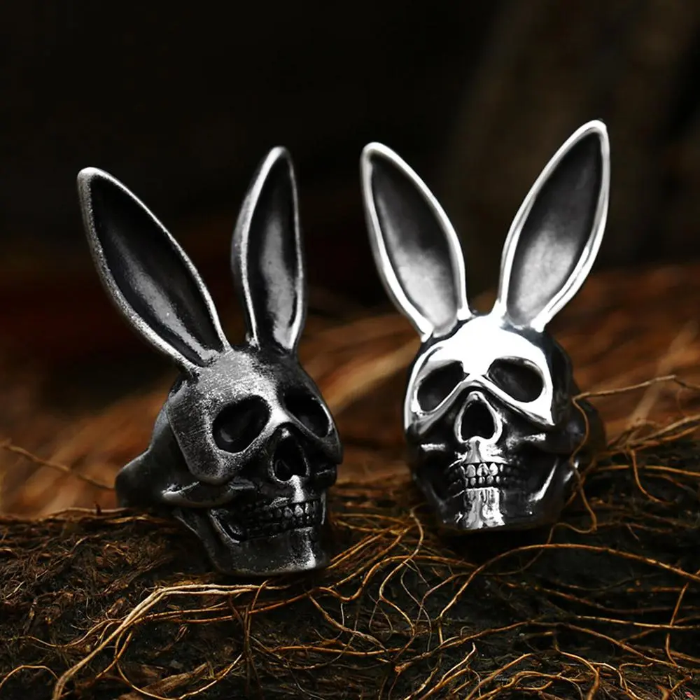 Gothic Vintage 316L Stainless Steel Black Rabbit Ring For Men Women Biker Hop Hip Skull Rings Fashion Funny Jewelry