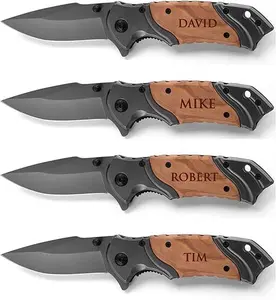 Engraved Pocket Knife Set of 4, Groomsmen Knife, Customized Pocket Knife, Personalized Knife With Wood Handle And Box,Hunting Knife for Boyfriend Groomsmen Dad