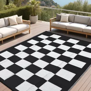Outdoor Patio Rug, Reversible Mats Plastic Straw Rug Waterproof Large Outside Carpet Modern Checkered Print Mat for RV Backyard Deck Picnic Beach Camping