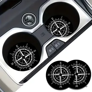 2Pcs Compass Car Cup Coaster Absorbent Ceramic Cup Holder Mat Navigation Aesthetic Car Gadget Travel Daily Road Trip Birthday Gift Idea