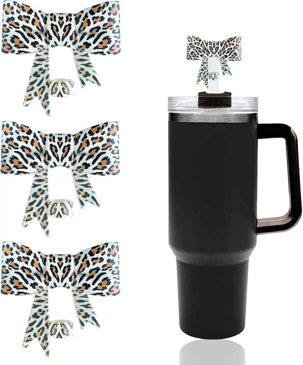Bow Straw Covers Cap Toppers Compatible with Stanley 30&40 oz Tumbler Cups,Reusable Cute Silicone StrawTips Protectors for 0.4 in/10mm StanleyCups StrawAccessories-Leopard print 3 Pcs