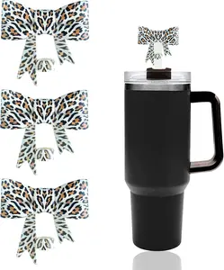 Bow Straw Covers Cap Toppers Compatible with Stanley 30&40 oz Tumbler Cups,Reusable Cute Silicone StrawTips Protectors for 0.4 in/10mm StanleyCups StrawAccessories-Leopard print 3 Pcs