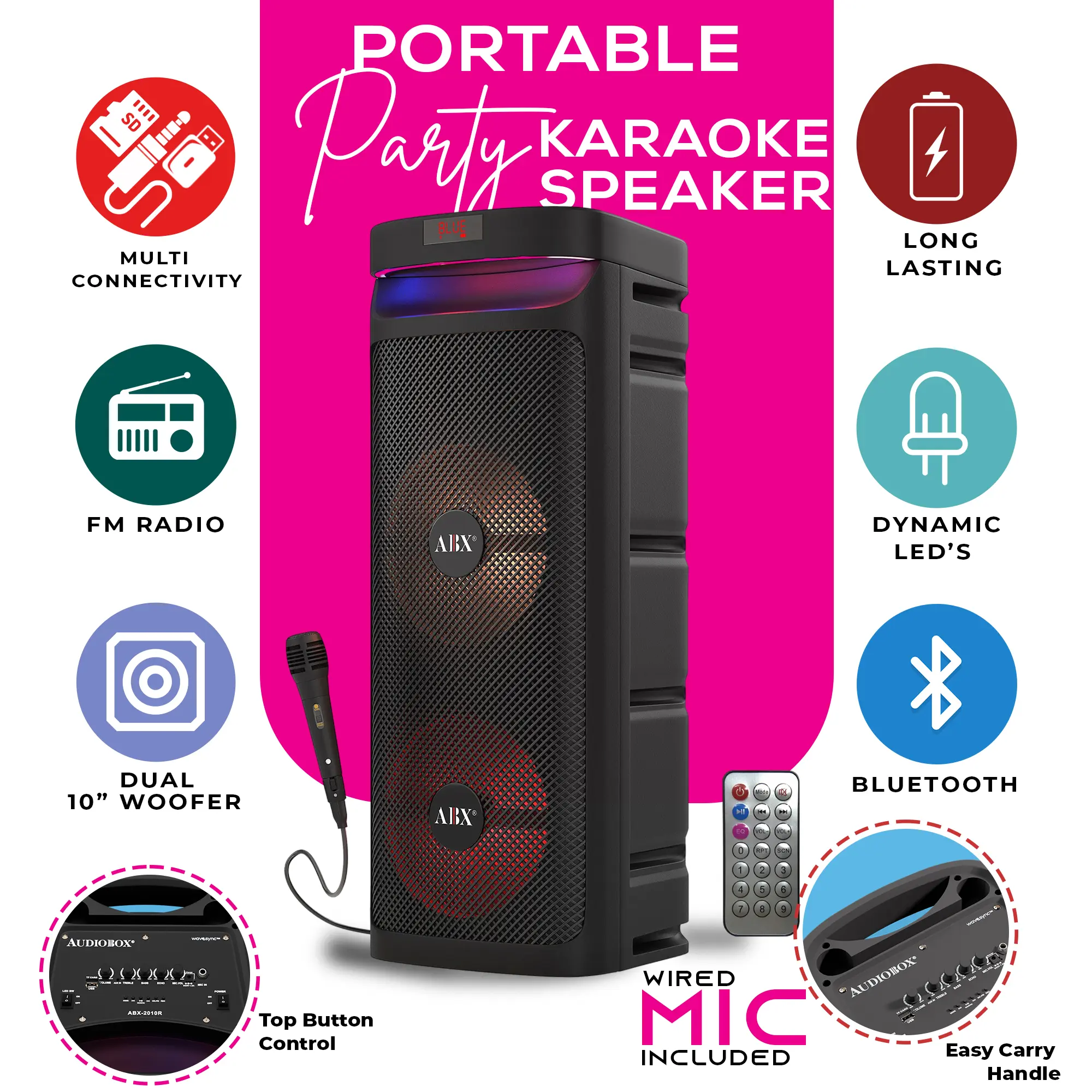 Audiobox ABX-2010R Dual 10” Portable Karaoke Machine with USB, TF Card, FM Radio, TWS, Wired Microphone, Loud Sound for Parties & Church Events