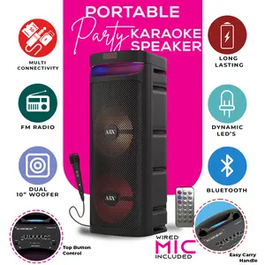 Audiobox ABX-2010R Dual 10” Portable Karaoke Machine with USB, TF Card, FM Radio, TWS, Wired Microphone, Loud Sound for Parties & Church Events