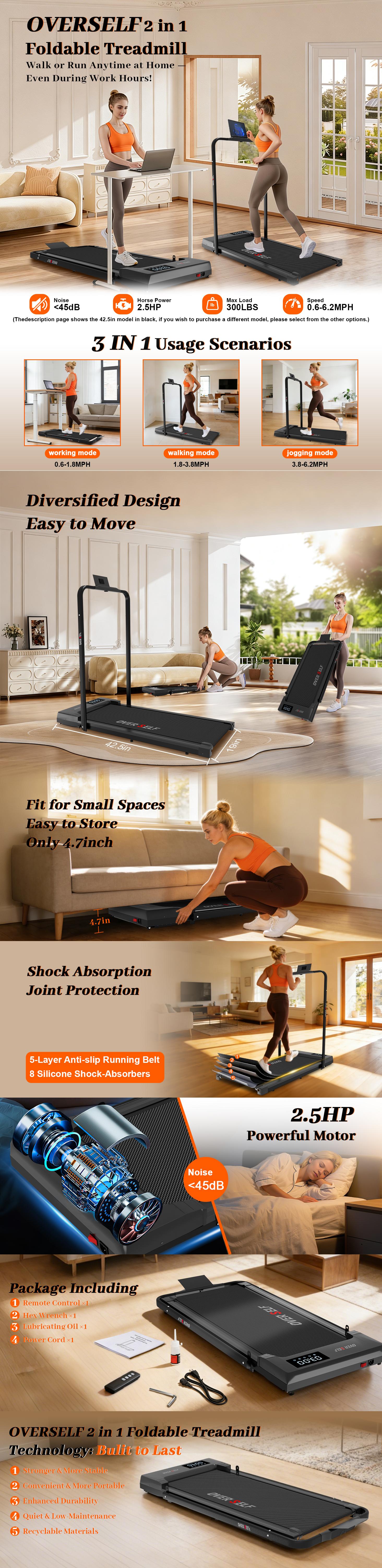 OVER SELF Portable Folding Treadmill Walking Pad with Handlebars, 300 lbs Load Capacity, Carpet Protection Mat, Remote Control, Multifunctional Workout Station (Fitness Equipment)