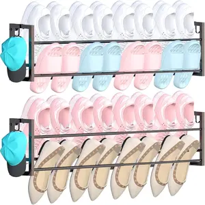 2 Pack Wall Mounted Shoe Rack for Narrow Spaces,  Shoe Rack Holds 16 Pairs, 17"-30"Adjustable Heavy Duty Wall Shoe Storage with 4 Storage Hooks, Space Saving for Closet Entryway Door, Black