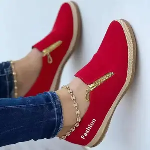Women's Lightweight Slip-On Casual Low-Top Shoes - Anti-Slip Rubber Sole, Vibrant Red Synthetic Upper with Golden Accents, All-Season Comfort for Running & Casual Wear