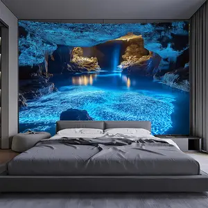 1pc Extra Large Blue Cave Landscape Tapestry - Vivid Underwater Scene with Glowing Lights, Durable Polyester Fabric Wall Hanging for Living Room, Bedroom, Office, Party & Live Stream Backdrop Decor (No Installation Needed), Underwater Decor, Mystical Atmo