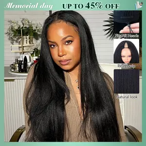 STERLY V Part Kinky Straight Human Hair Wig Yaki Straight Human Hair Wigs Upgrade U part Wig No Leave Out 12A Glueless Kinky Straight V Shape Clip in Half Wig No Glue No Sew Beginner Friendly 180% Density Wig #Summervibes #tiktokshopmemorialday