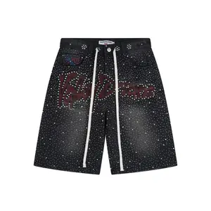 VALE Unisex Full Rhinestone Vintage Washed Denim Shorts - Letter Embroidery, Distressed, Loose Knee-Length, Y2K Harajuku Hip Hop Sparkly Casual Streetwear Bottoms