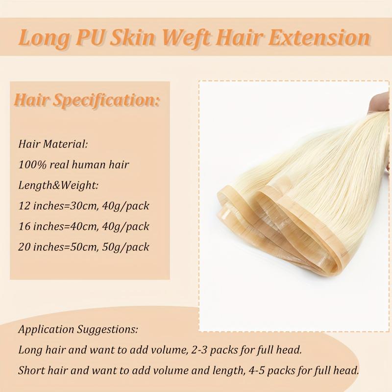 Long PU Weft Human Hair Bundles 12-28 Inch, No Glue Required, 80cm PU Weft 50g, Natural Real Human Hair Extensions, Salon Grade Quality
