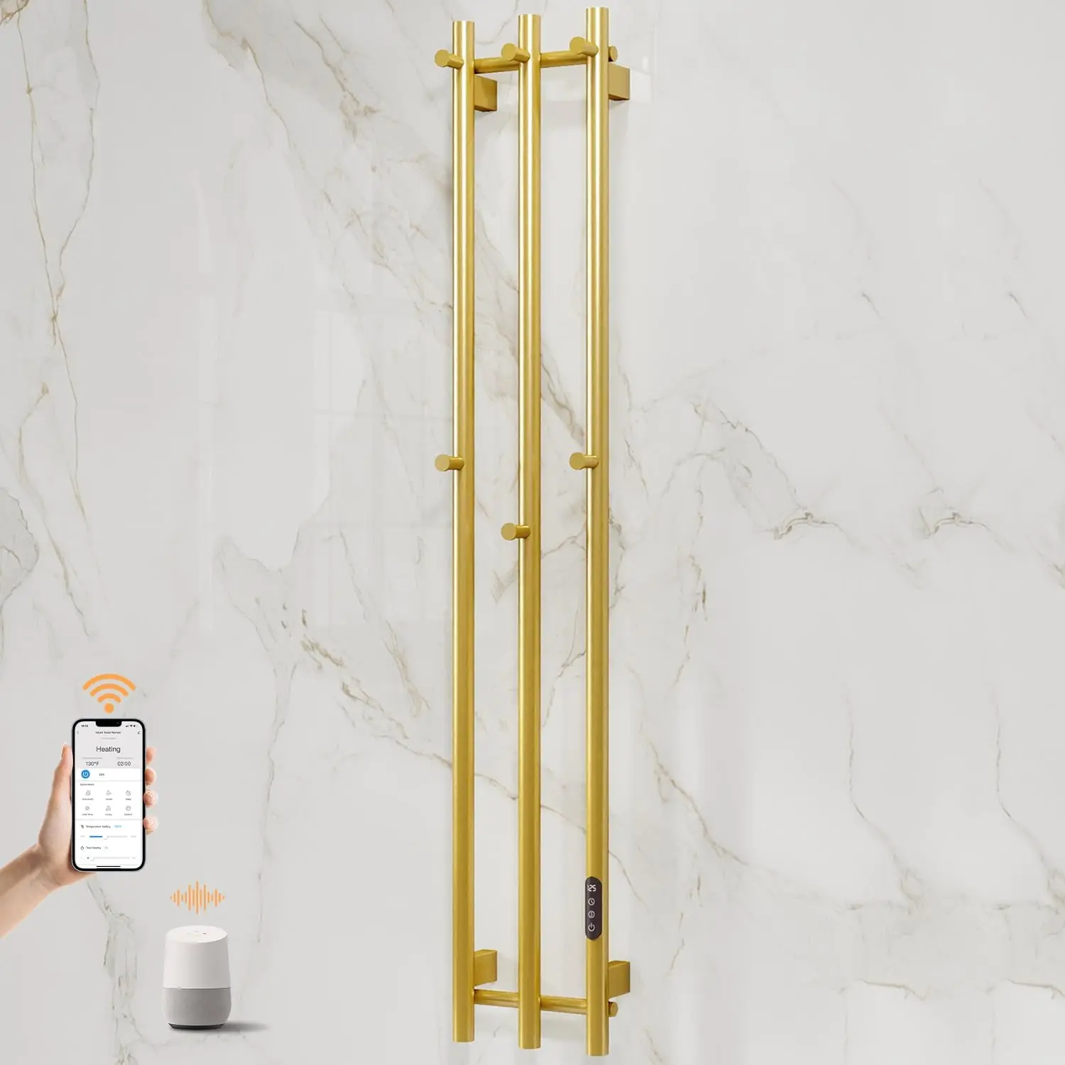 ENZE Metallic Gold Smart Heated Towel Rack - Wall-Mounted Vertical 220W Electric Towel Warmer for Bathroom, WiFi App Control, LED Touch Screen, Adjustable Temperature, 24H Timer, IPX5, Plug-In/Hardwired