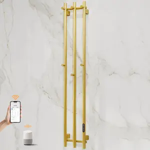 ENZE Metallic Gold Smart Heated Towel Rack - Wall-Mounted Vertical 220W Electric Towel Warmer for Bathroom, WiFi App Control, LED Touch Screen, Adjustable Temperature, 24H Timer, IPX5, Plug-In/Hardwired
