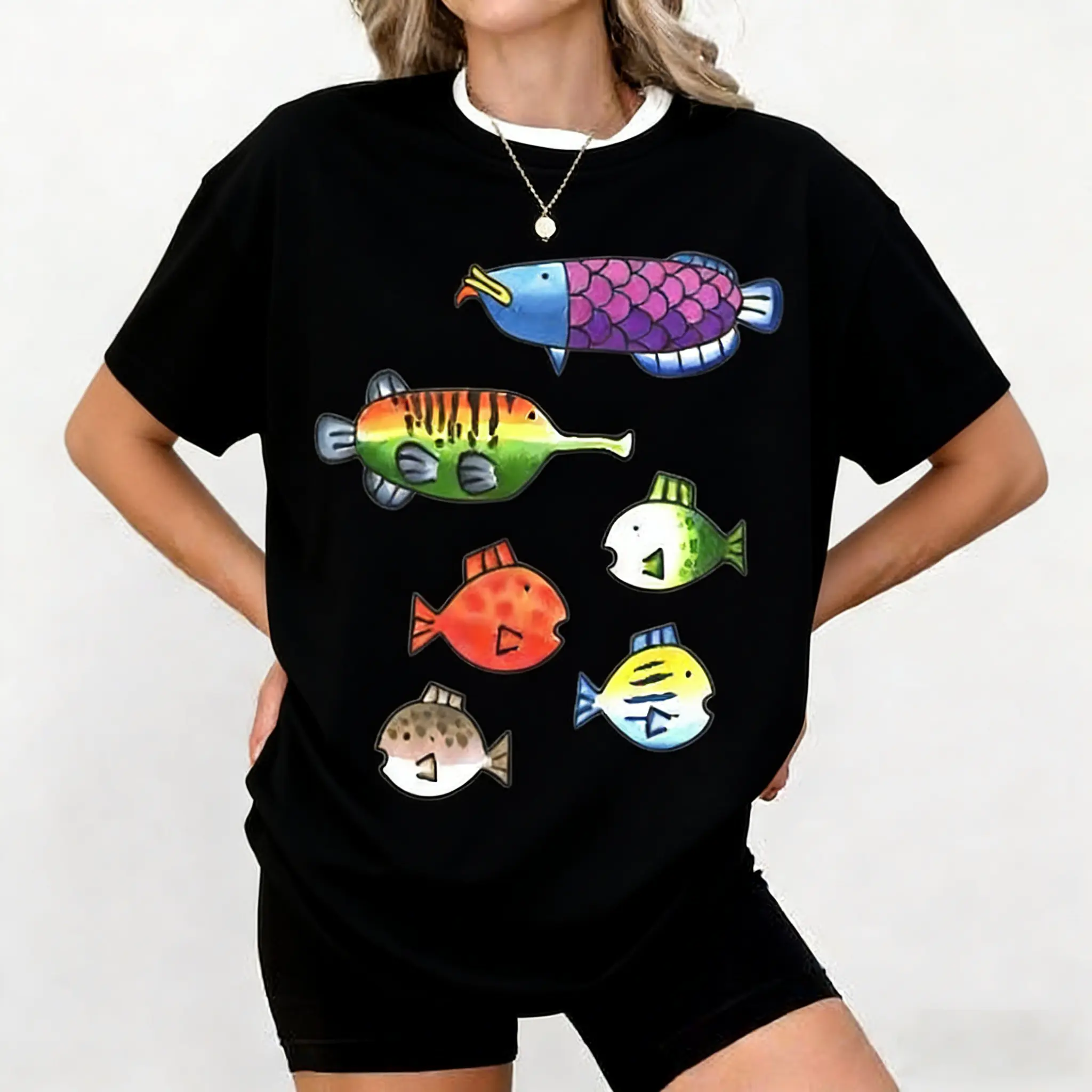 Women's Cotton Round Neck Short-Sleeve Clothes - Colorful Wii Fish Printed, Soft Fabric, Breathable Casual Trendy T-Shirt, Sweatshirt, Hoodie