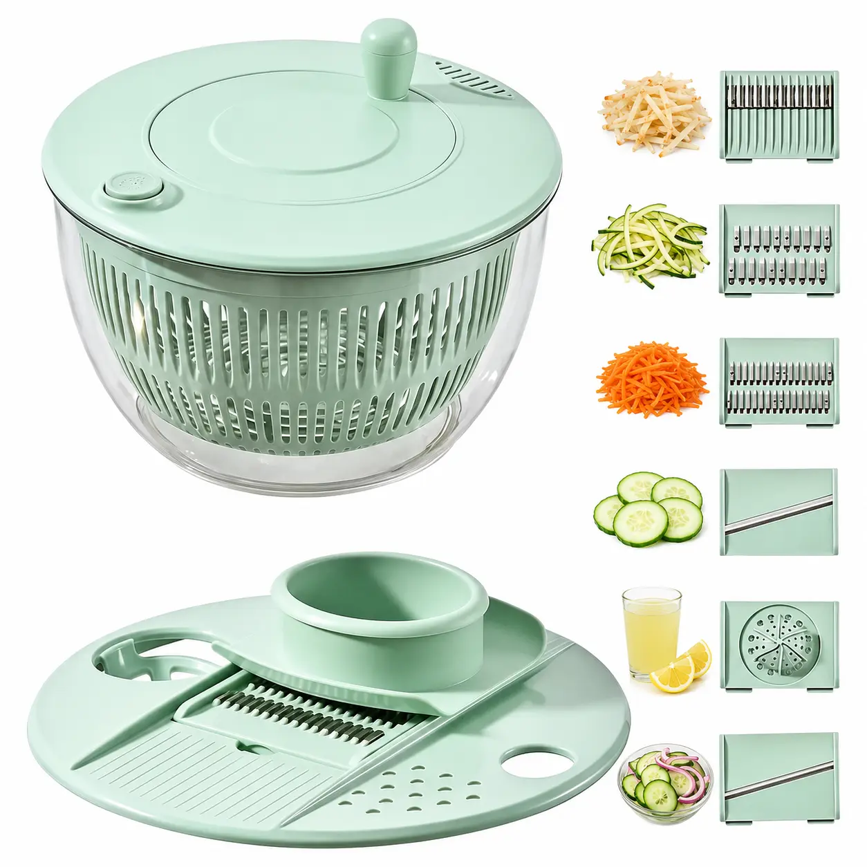 【DealsForYouDays】3-in-1 Salad Spinner & Vegetable Cutter, 5.3 Qt Large Salad Washer Bowl with Strainer, Food Slicer Blades & Egg Separator Tool, Kitchen Prep Gadget for Vegetables, Fruits, Salad Lovers, Home Cooks & Busy Families