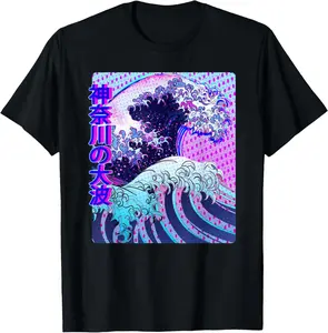 100% Cotton Great Wave off Kanagawa Vaporwave Glitch Aesthetic Kanji T-Shirt