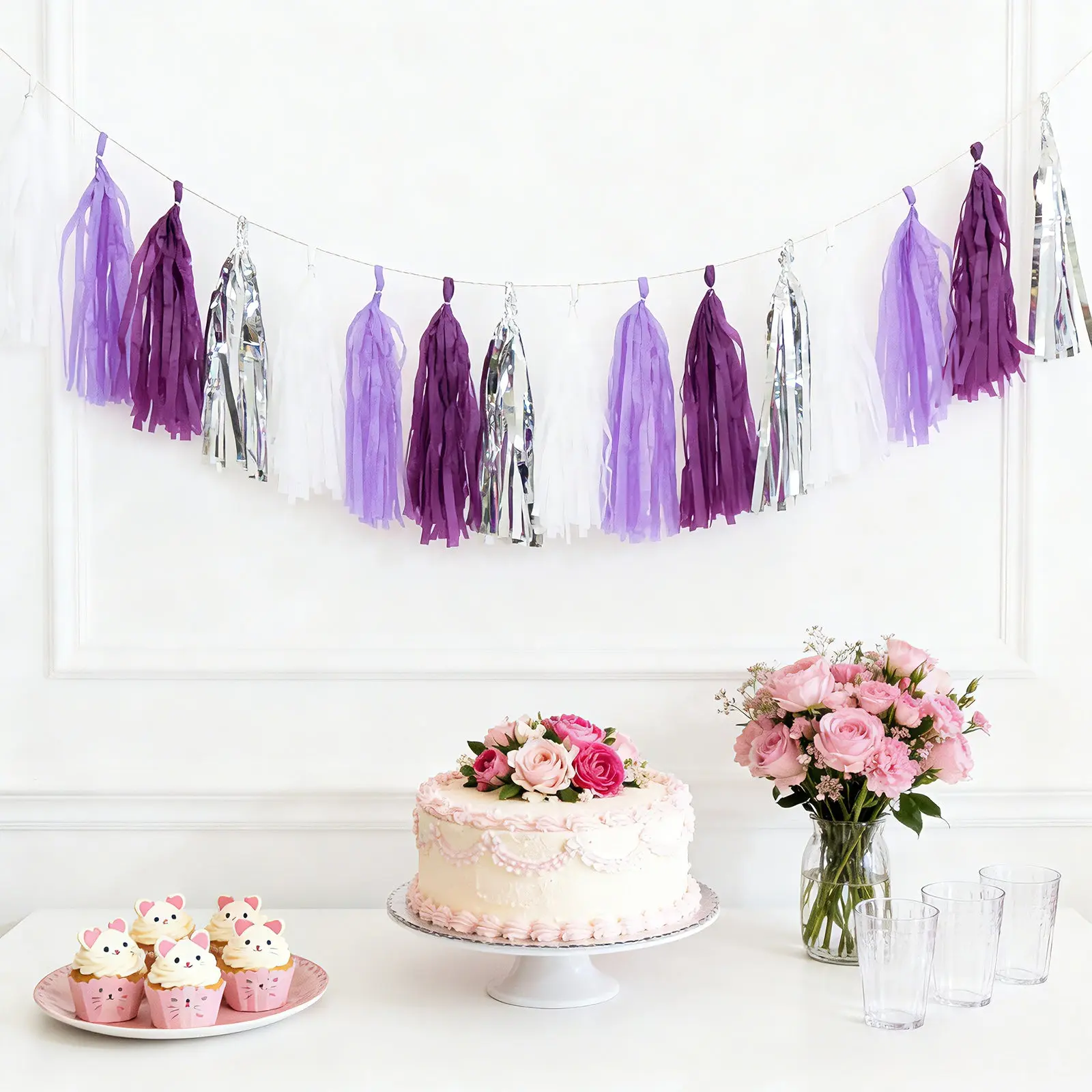16 Pack Pre-Tied Metallic Foil Tassel Garland Banner - Purple & Silver Paper Tassels, 10ft Length Hanging String, Festive Backdrop Decoration for Wedding Party Decor, Party Decorations Banners