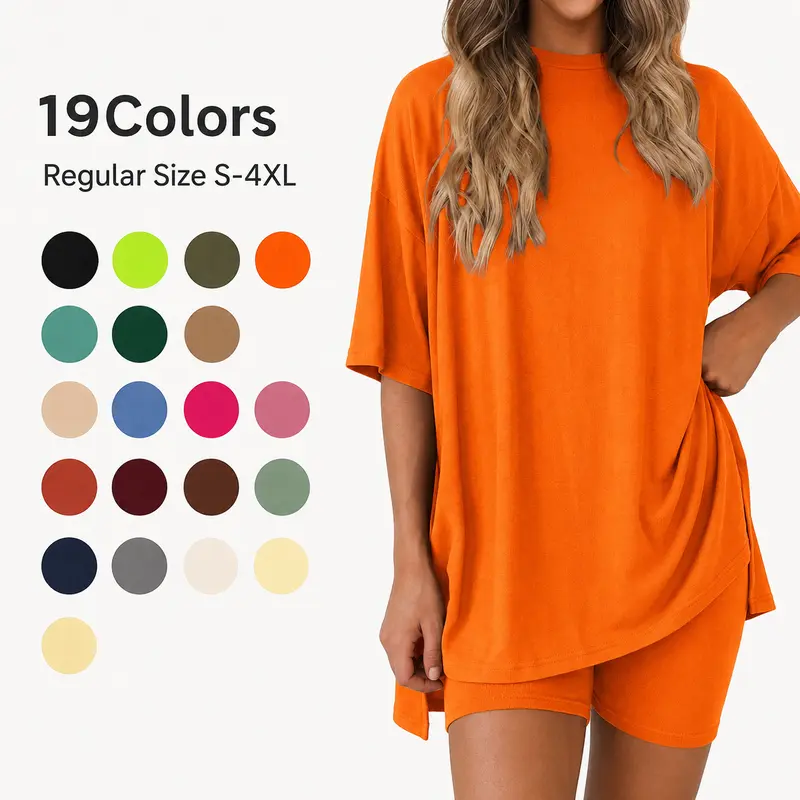 Women's Crew Neck 2-Piece Loungewear Set - Summer Casual Oversized Split Hem Knitting Shirts, Above-the-Knee Side Pocket Leggings Shorts with Pocket Convenience, Soft Double-Sided Brushed Milk Silk, Comfy Homewear, Valentine's Day Gift